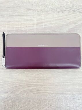 Coach Colorblock Nappa Leather Accordion Zip Around Wallet Taupe Plum Card Case